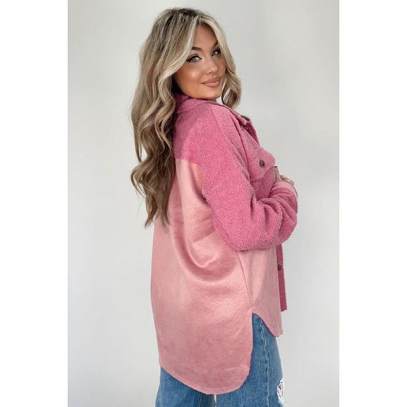 Azura Exchange  Pink Colorblock Buttoned Flap Pocket Sherpa Shacket - Picture 2 of 8